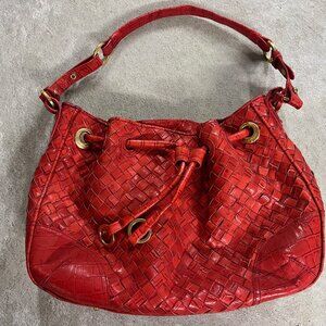 BRAHMIN Vintage Red Woven Leather Drawstrig Hobo Shoulder Bag - CASUAL
